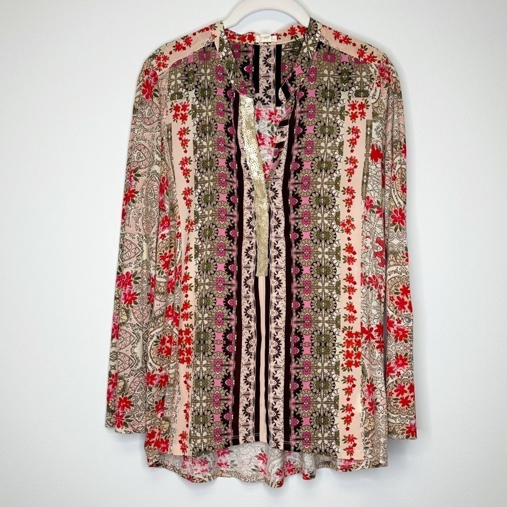 Anthropologie Tiny Pink Floral Sequin Boho Devas Popover Blouse Women’s Medium